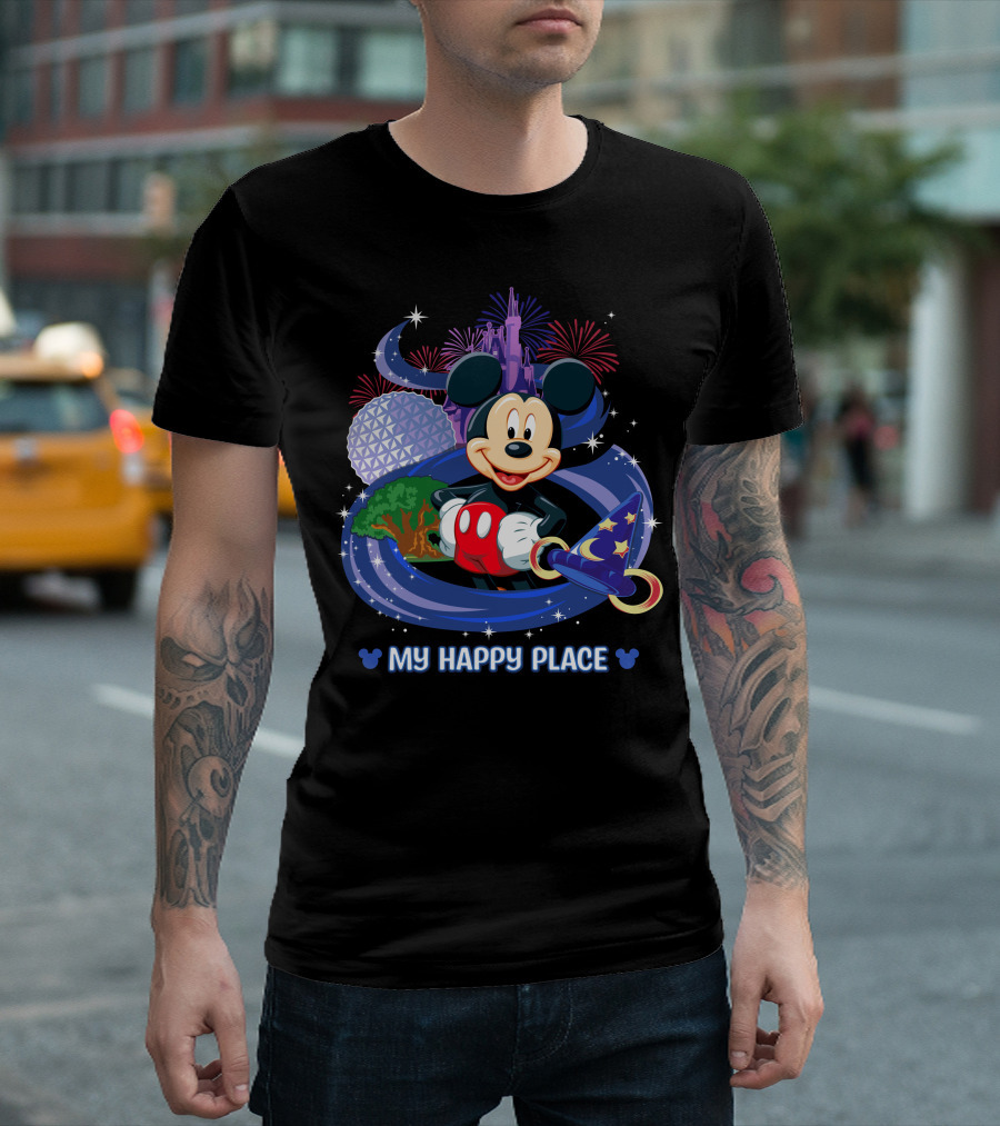 Mickey My Happy Place Disney Castle Fireworks Sorcerer's Hat T-Shirt