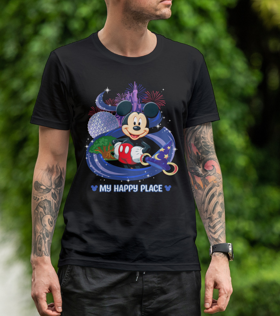 Mickey My Happy Place Disney Castle Fireworks Sorcerer's Hat T-Shirt