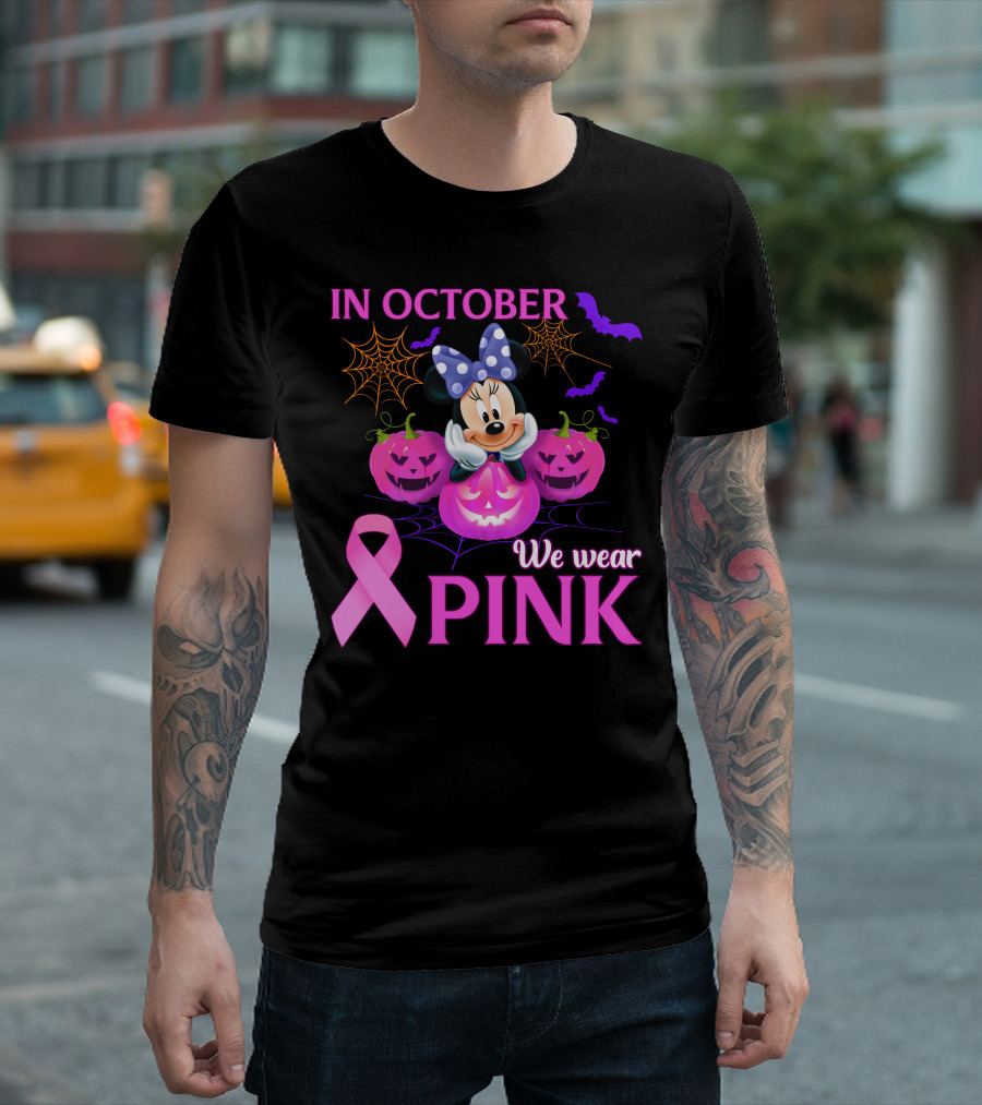 In October We Wear Pink Minnie Bow Pumpkins Ribbon Bats Halloween T-Shirt