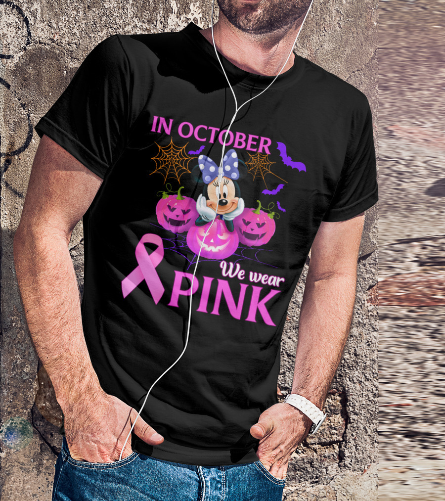 In October We Wear Pink Minnie Bow Pumpkins Ribbon Bats Halloween T-Shirt