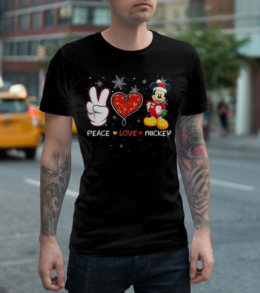 Peace Love Mickey Christmas Holiday Snowflakes Santa Hat T-Shirt