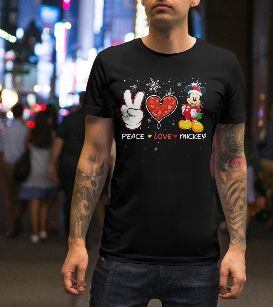 Peace Love Mickey Christmas Holiday Snowflakes Santa Hat T-Shirt