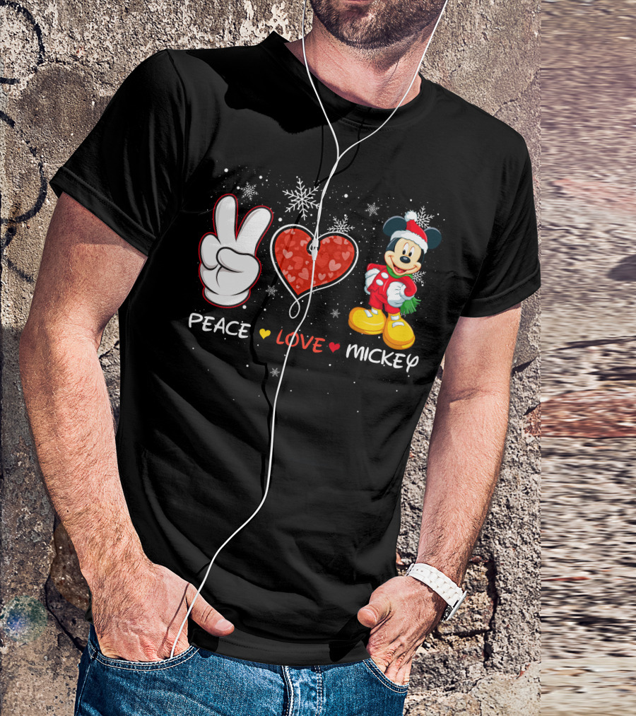 Peace Love Mickey Christmas Holiday Snowflakes Santa Hat T-Shirt