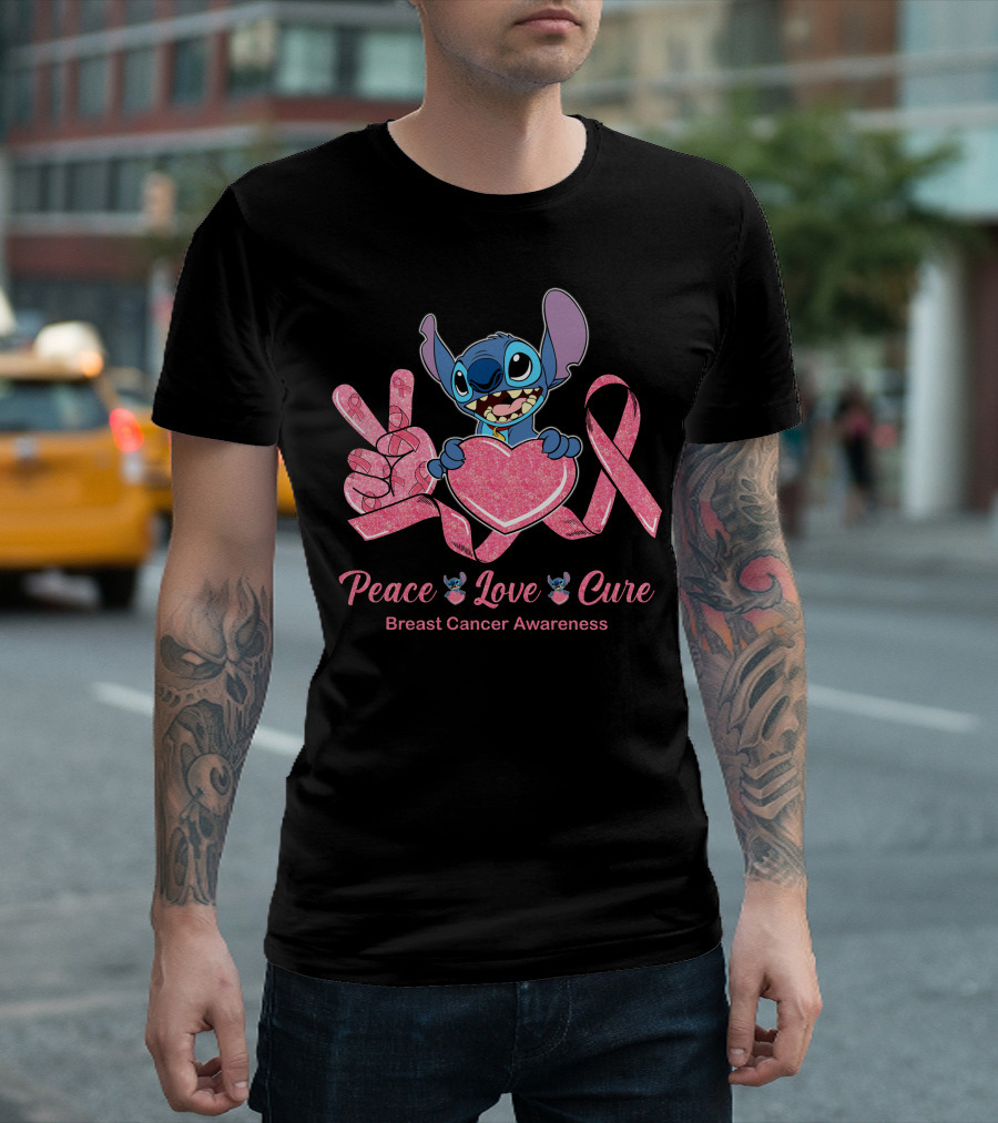 Peace Love Cure Breast Cancer Awareness Stitch T-Shirt