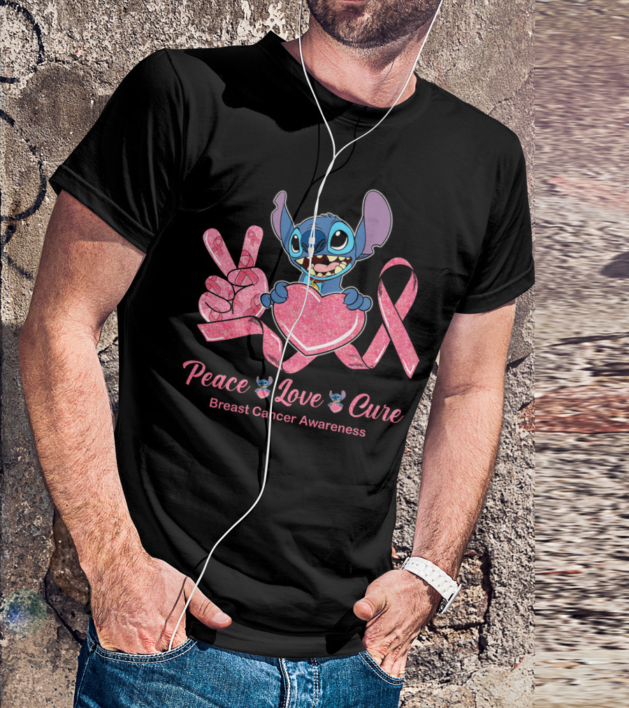 Peace Love Cure Breast Cancer Awareness Stitch T-Shirt