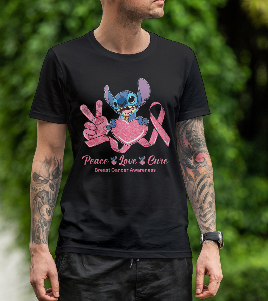 Peace Love Cure Breast Cancer Awareness Stitch T-Shirt