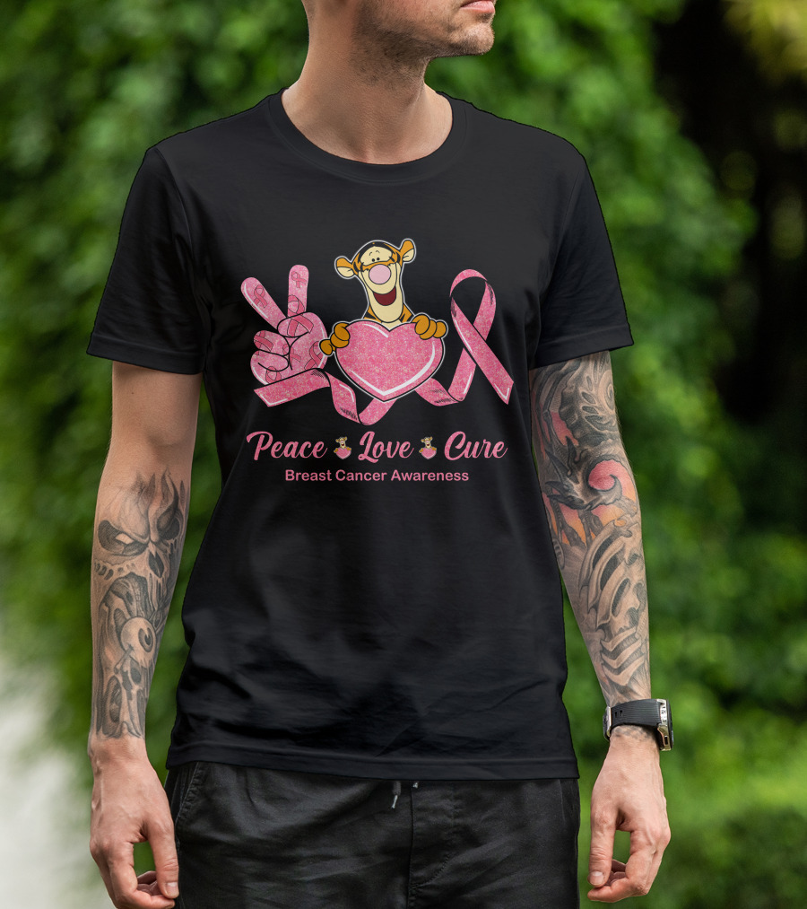 Tigger Holding Heart With Peace Love Cure Breast Cancer Awareness Pink Ribbon T-Shirt