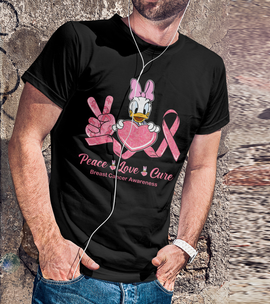 Peace Love Cure Breast Cancer Awareness Daisy Duck Pink Ribbon T-Shirt