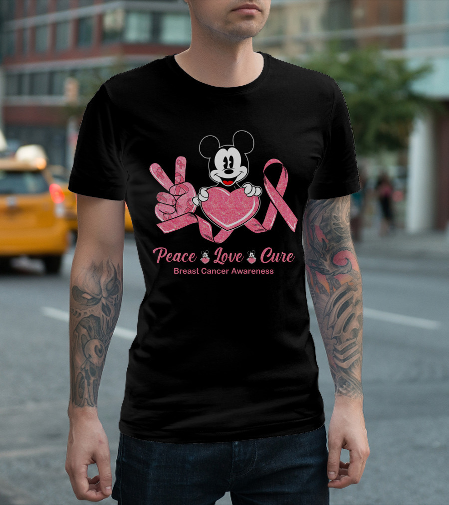 Mickey Peace Love Cure Breast Cancer Awareness T-Shirt