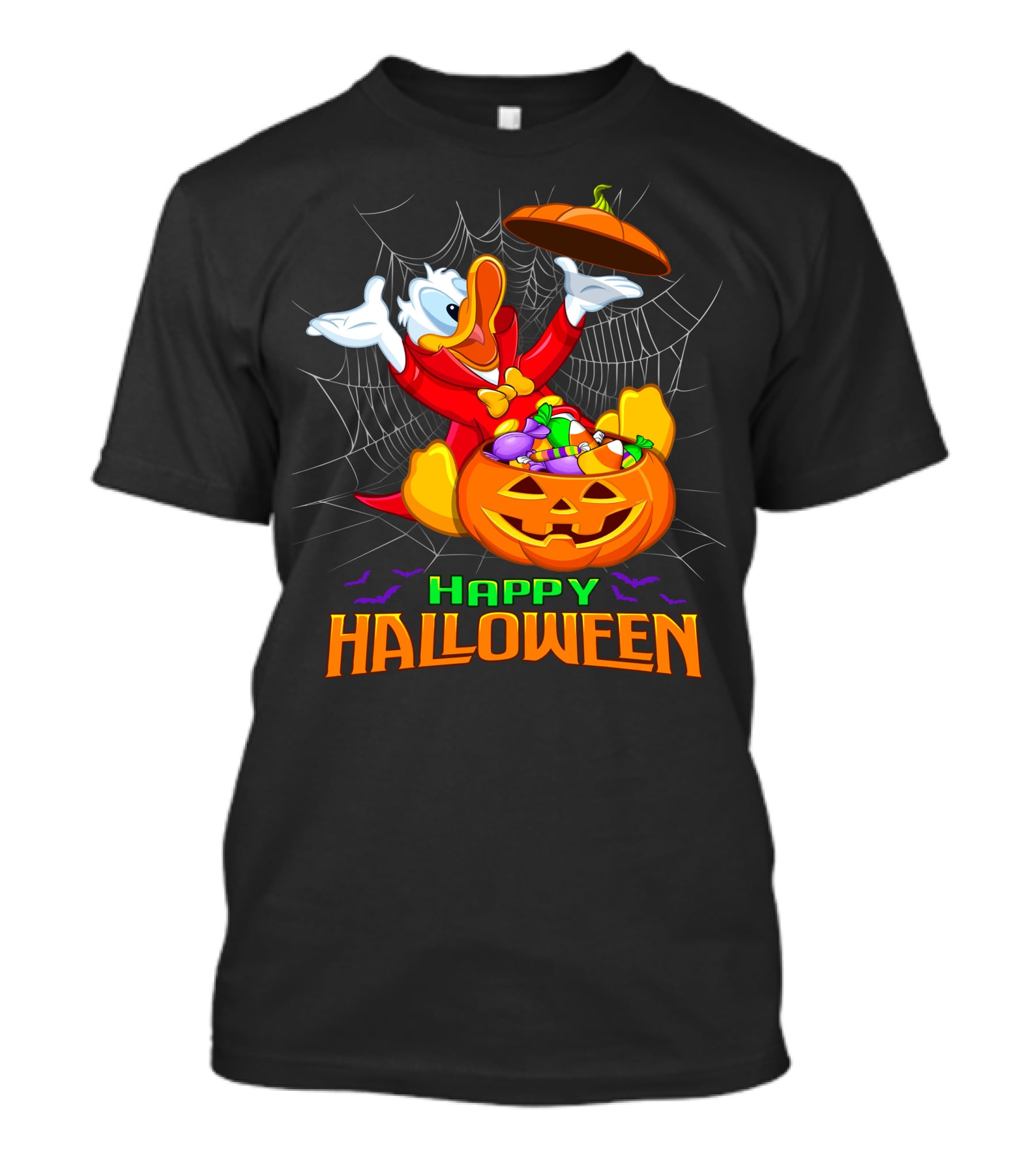 Happy Halloween Donald Duck In Pumpkin Suit With Candy And Spiderweb T-Shirt