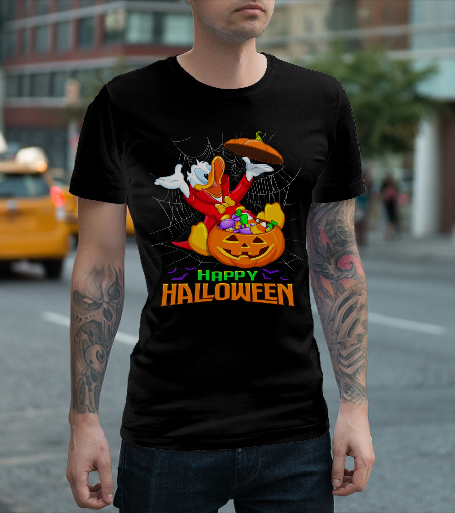 Happy Halloween Donald Duck In Pumpkin Suit With Candy And Spiderweb T-Shirt