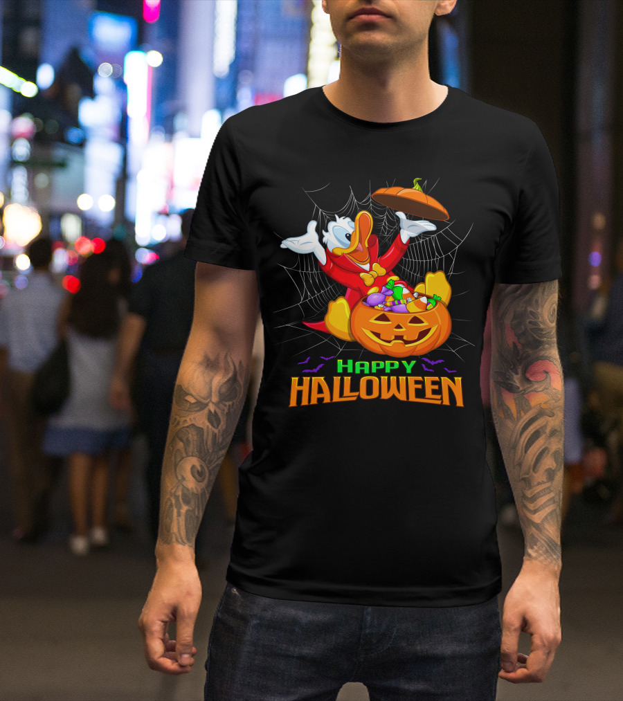 Happy Halloween Donald Duck In Pumpkin Suit With Candy And Spiderweb T-Shirt