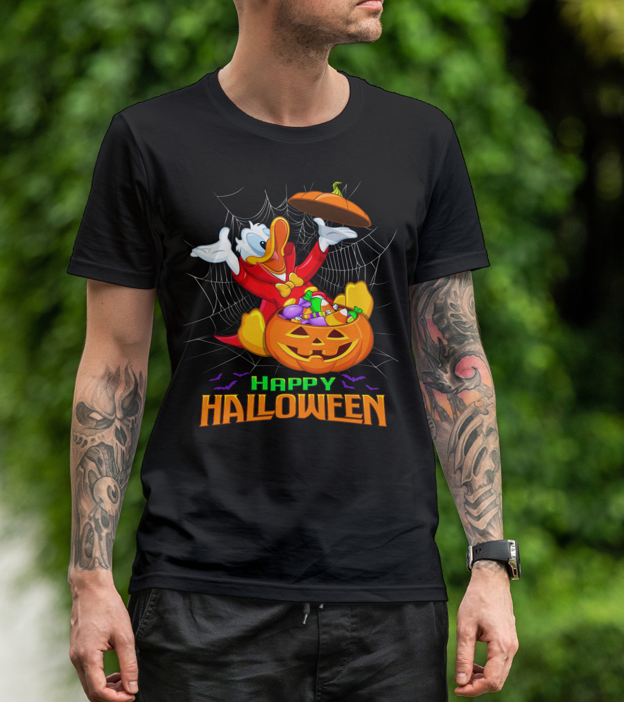 Happy Halloween Donald Duck In Pumpkin Suit With Candy And Spiderweb T-Shirt