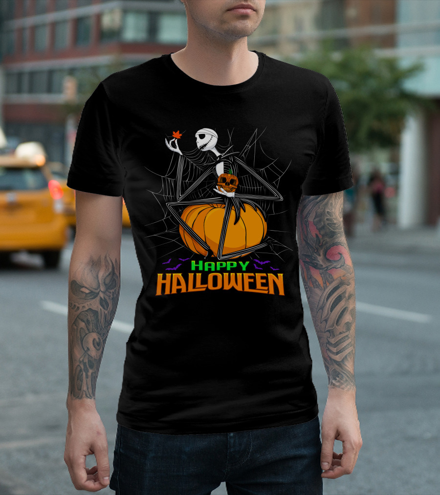Happy Halloween Jack Skellington Pumpkin Bat Spiderweb T-Shirt