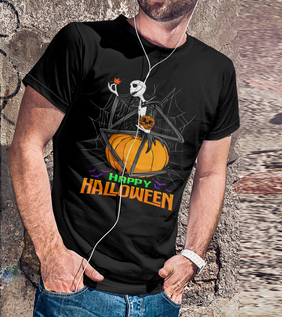 Happy Halloween Jack Skellington Pumpkin Bat Spiderweb T-Shirt