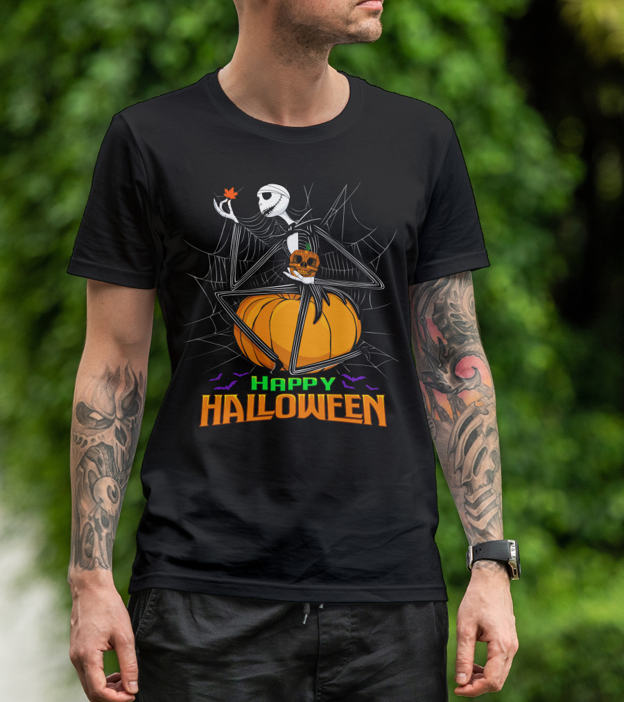 Happy Halloween Jack Skellington Pumpkin Bat Spiderweb T-Shirt