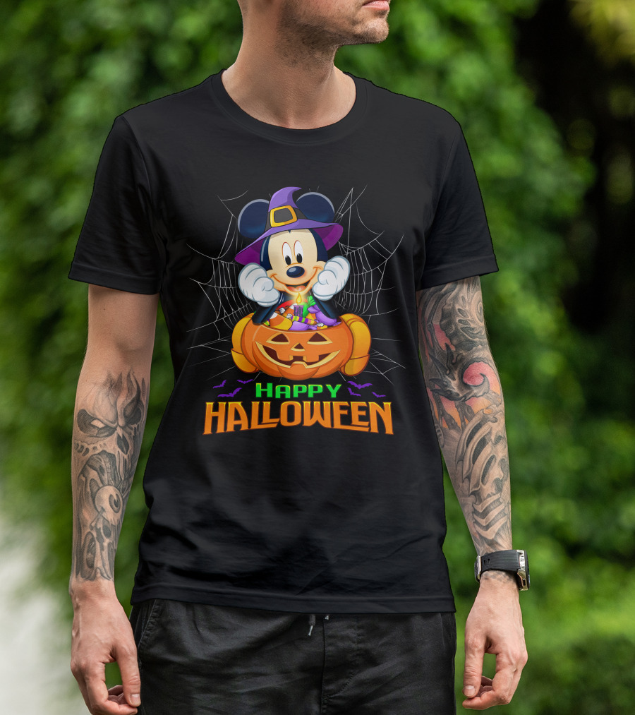 Mickey Happy Halloween Witch Hat Pumpkin Bat Spiderweb T-Shirt