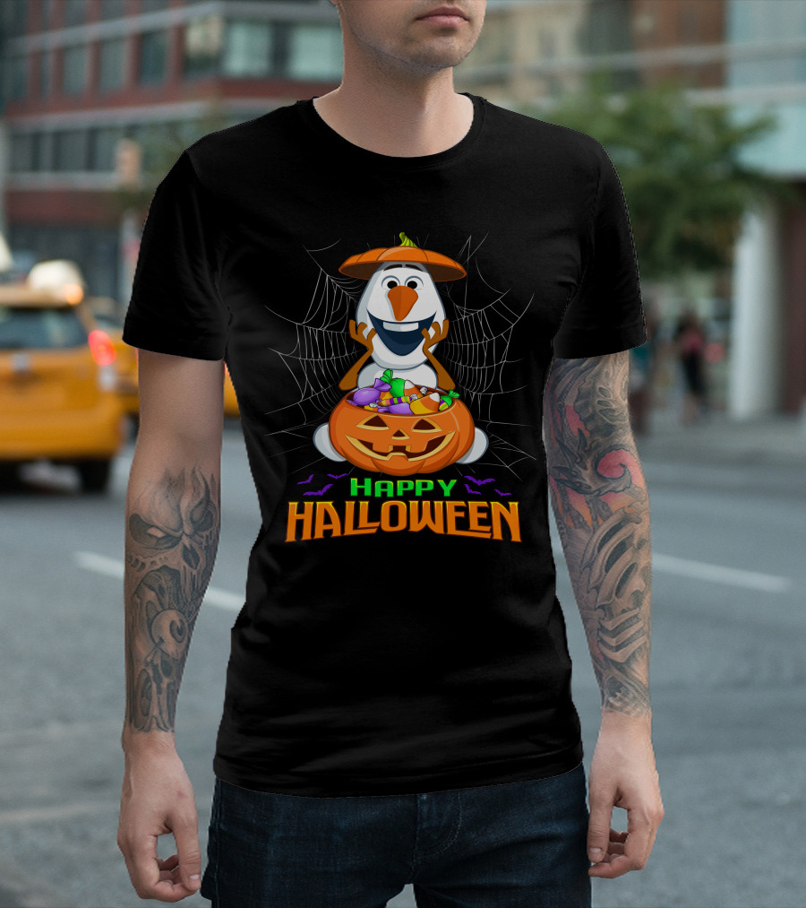 Olaf Happy Halloween With Pumpkin And Candy Basket T-Shirt