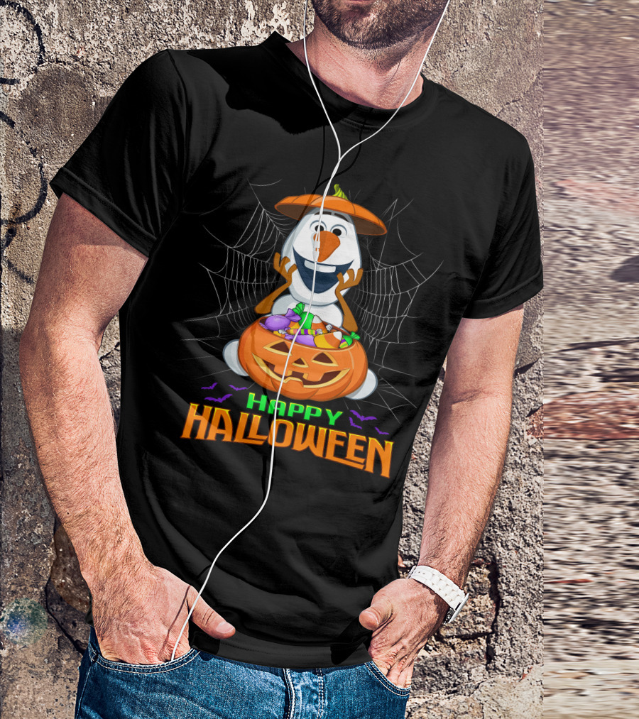 Olaf Happy Halloween With Pumpkin And Candy Basket T-Shirt