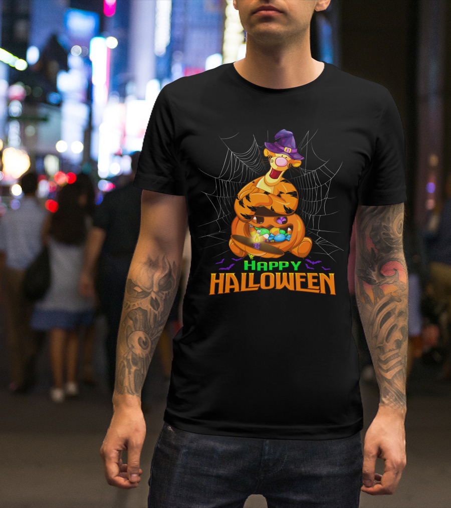 Happy Halloween Tigger Witch Pumpkin Candy Spiders T-Shirt