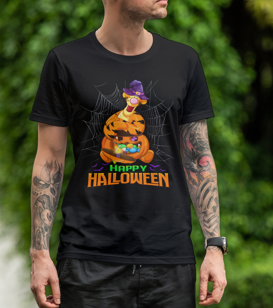Happy Halloween Tigger Witch Pumpkin Candy Spiders T-Shirt