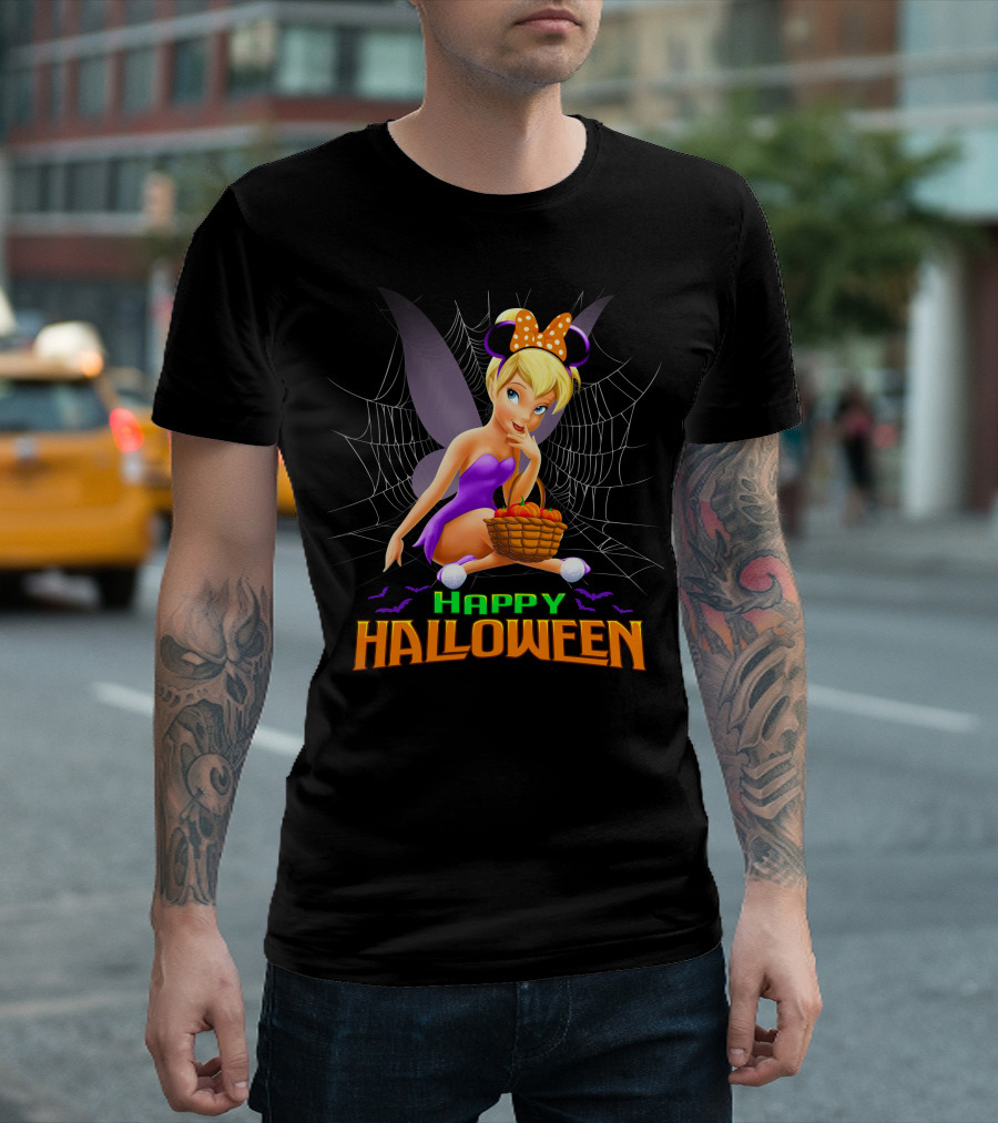 Tinker Bell Happy Halloween Pumpkin Basket With Bat Wings And Spiderweb T-Shirt