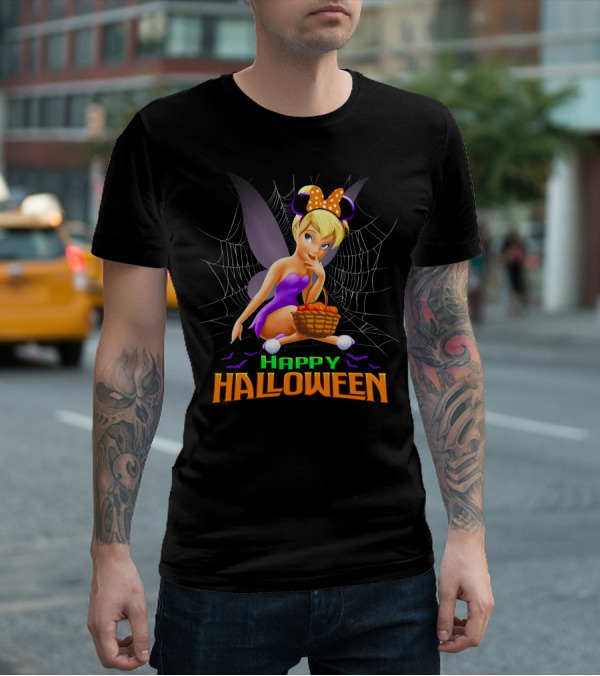Tinker Bell Happy Halloween Pumpkin Basket With Bat Wings And Spiderweb T-Shirt