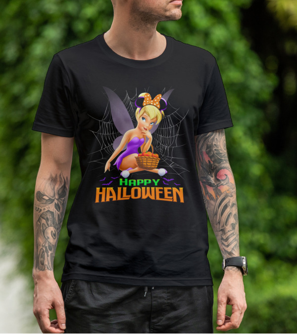 Tinker Bell Happy Halloween Pumpkin Basket With Bat Wings And Spiderweb T-Shirt