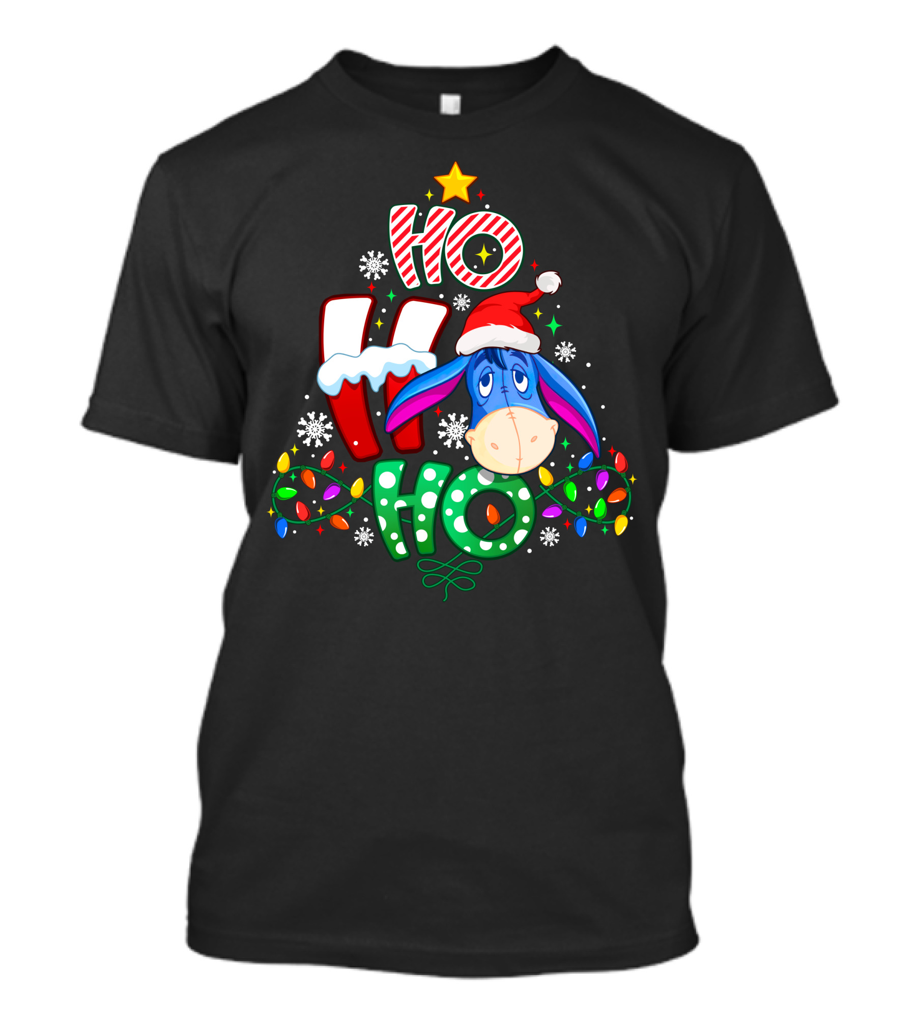 Ho Ho Ho Eeyore Christmas Lights Santa Hat Snowflakes T-Shirt