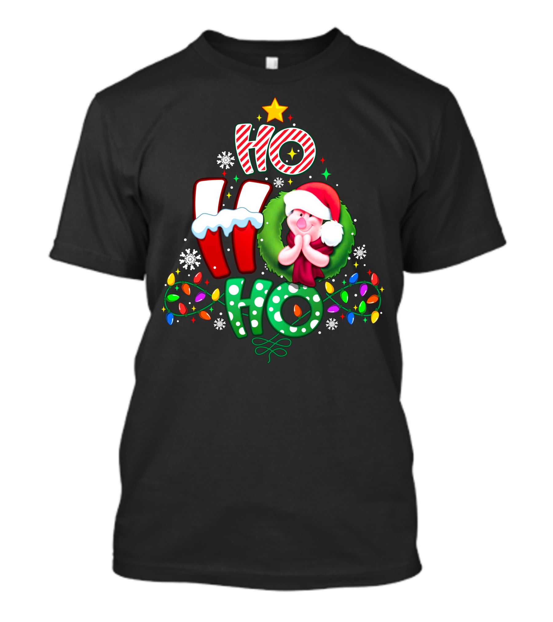 Ho Ho Ho Piglet Christmas Lights Snowflakes Santa Hat T-Shirt