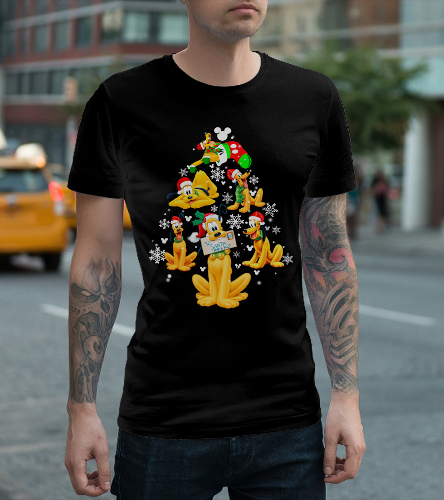 Pluto Christmas Tree Design With Santa Hat And Snowflakes T-Shirt