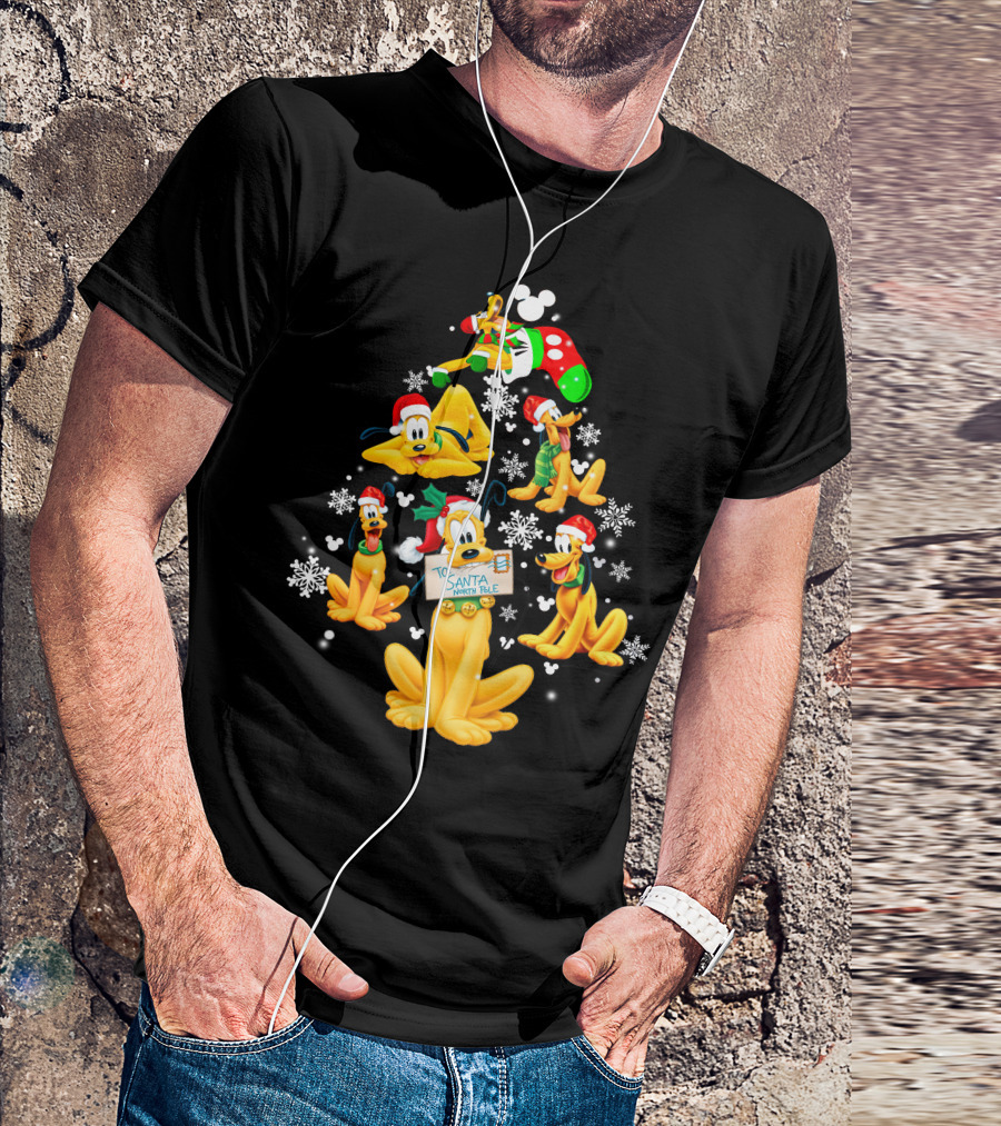 Pluto Christmas Tree Design With Santa Hat And Snowflakes T-Shirt