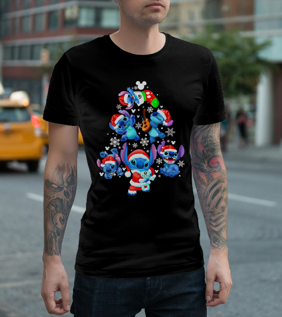 Stitch Christmas Tree With Snowflakes And Santa Hat Holiday T-Shirt