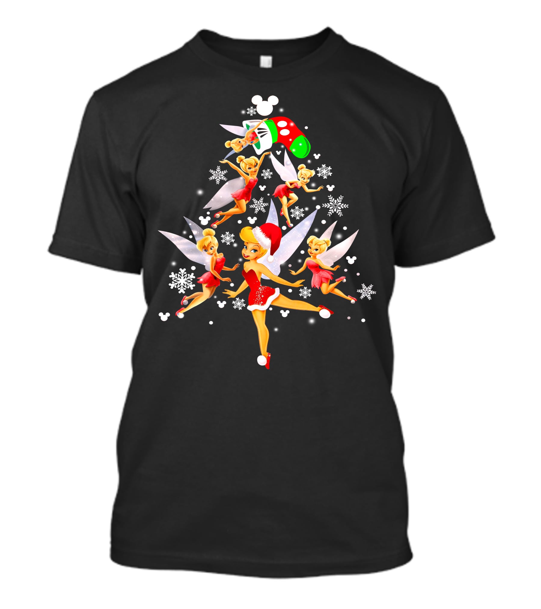 Tinker Bell Christmas Tree With Mickey Santa Hat And Snowflakes T-Shirt