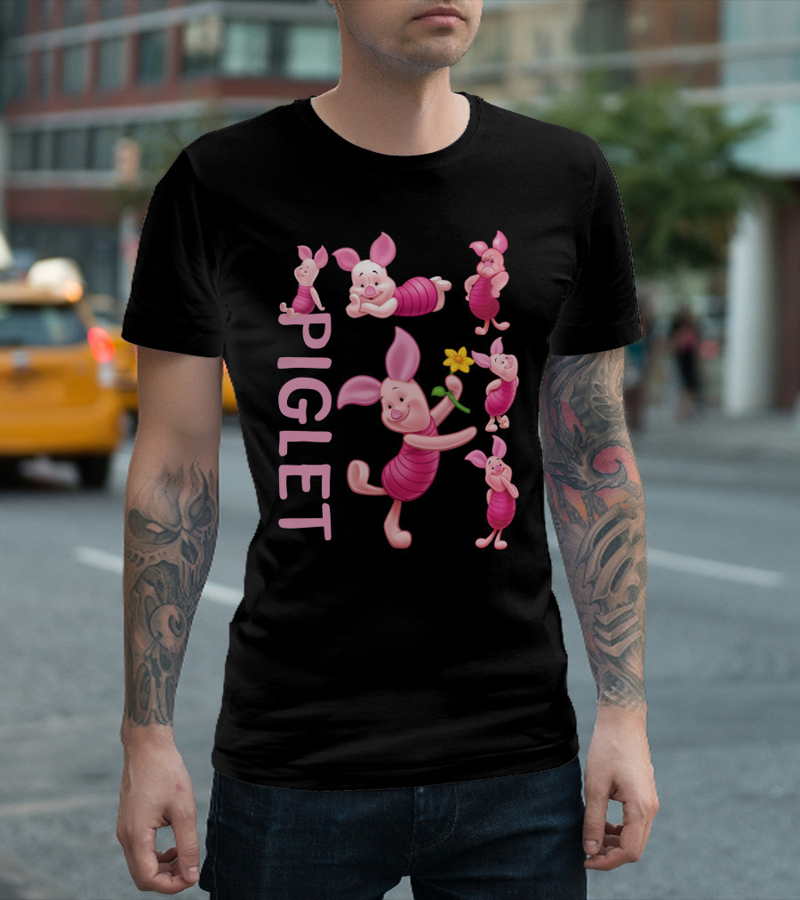 Piglet Playful Poses Cute Character With Flower T-Shirt