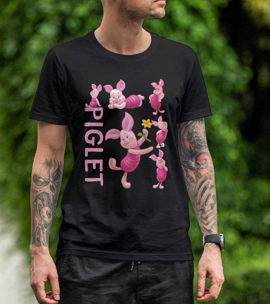 Piglet Playful Poses Cute Character With Flower T-Shirt