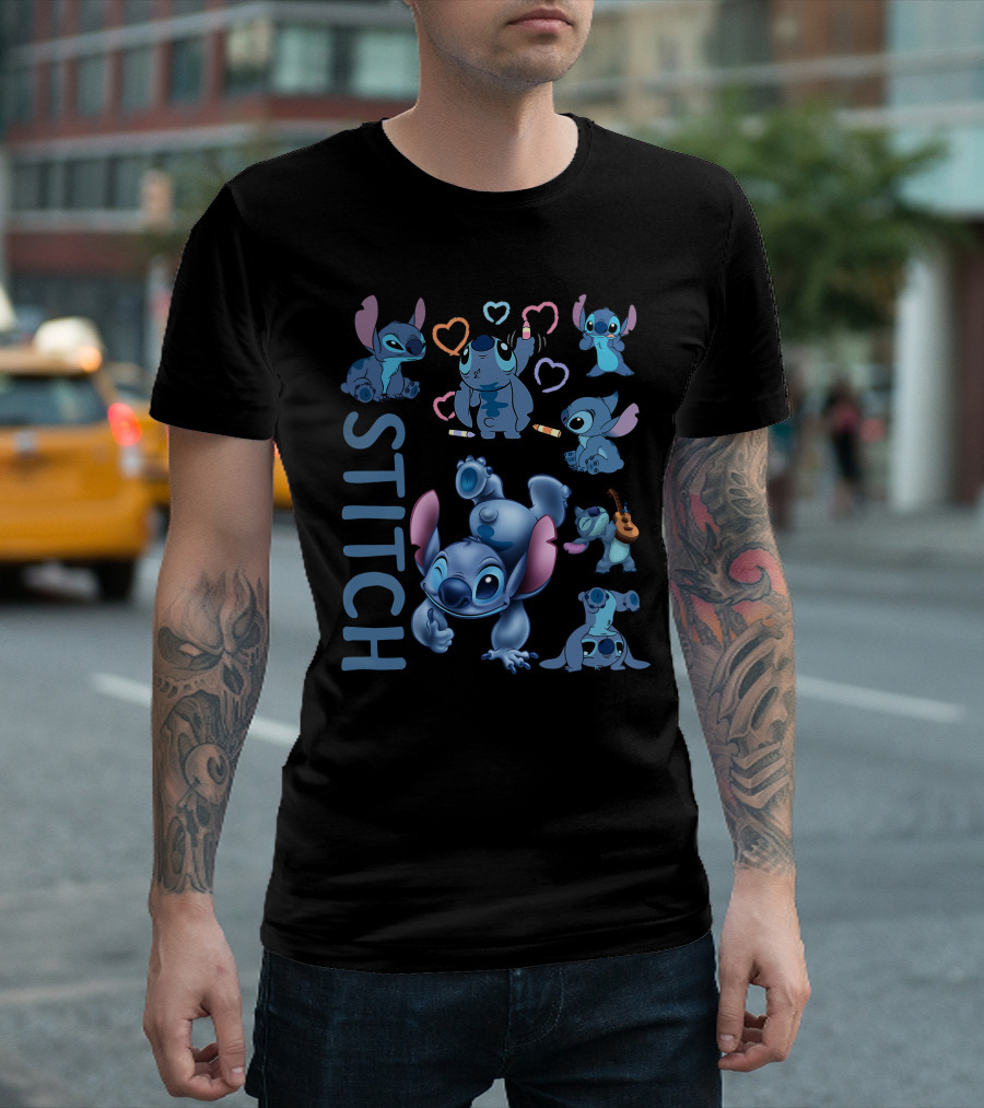 Stitch Cute Blue Alien Playing Guitar And Drawing Hearts T-Shirt