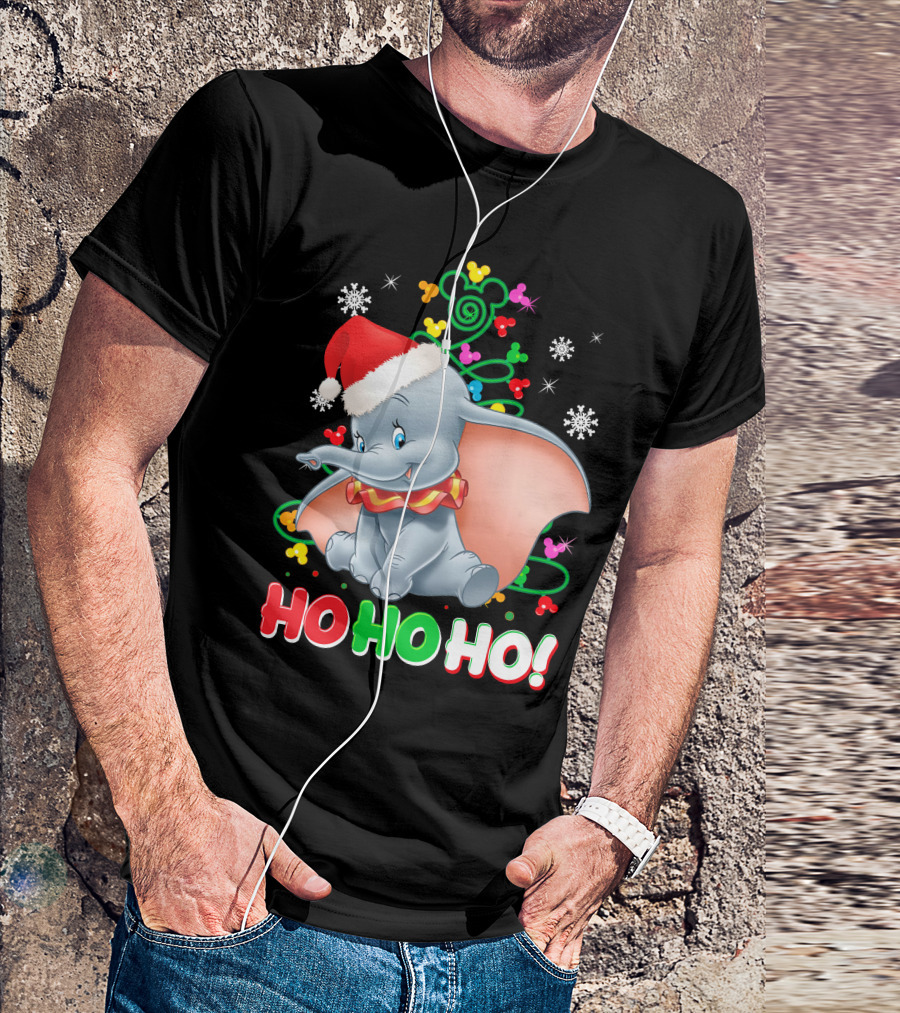 Dumbo Christmas Ho Ho Ho Santa Hat Mickey Mouse Ears Snowflakes T-Shirt