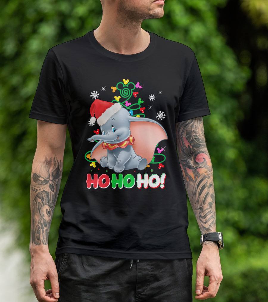 Dumbo Christmas Ho Ho Ho Santa Hat Mickey Mouse Ears Snowflakes T-Shirt