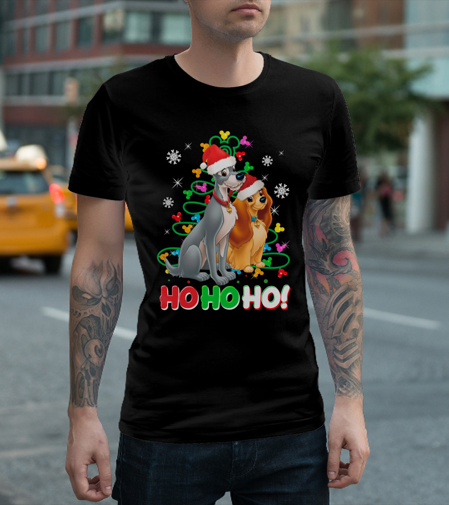 Lady And The Tramp Ho Ho Ho Christmas Santa Hats Snowflakes T-Shirt
