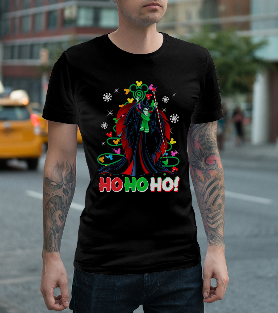 Maleficent Christmas Ho Ho Ho Snowflakes And Mickey Ears T-Shirt