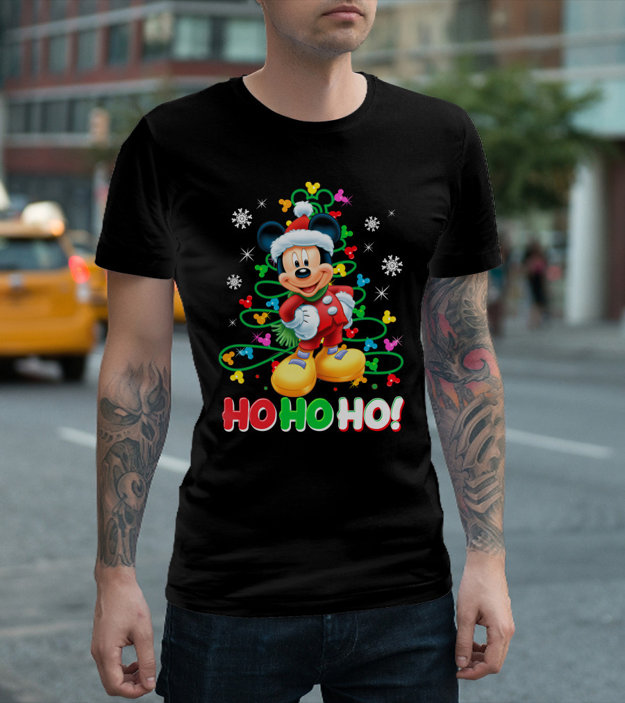 Mickey Mouse Christmas Ho Ho Ho Santa Outfit Snowflakes And Colorful Lights T-Shirt