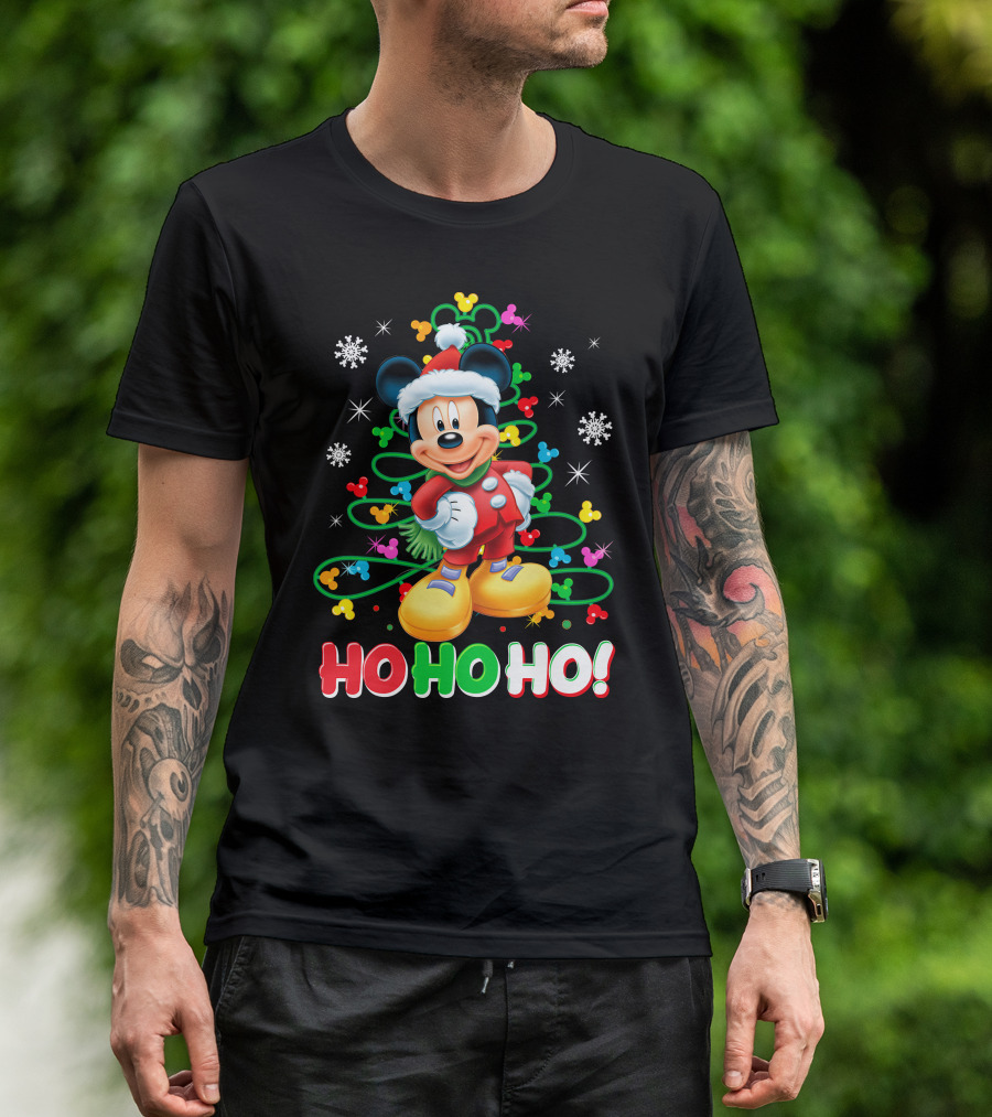 Mickey Mouse Christmas Ho Ho Ho Santa Outfit Snowflakes And Colorful Lights T-Shirt