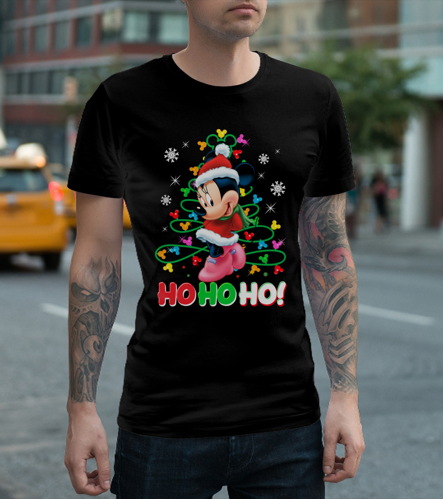 Minnie Mouse Christmas Ho Ho Ho Santa Hat Winter Holiday Snowflakes T-Shirt
