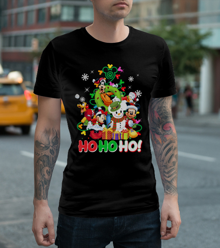 Mickey And Friends Holiday Cheer Ho Ho Ho Snowman And Gifts T-Shirt