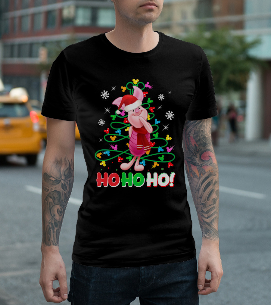 Piglet Christmas Ho Ho Ho Santa Hat Festive Holiday Snowflakes T-Shirt
