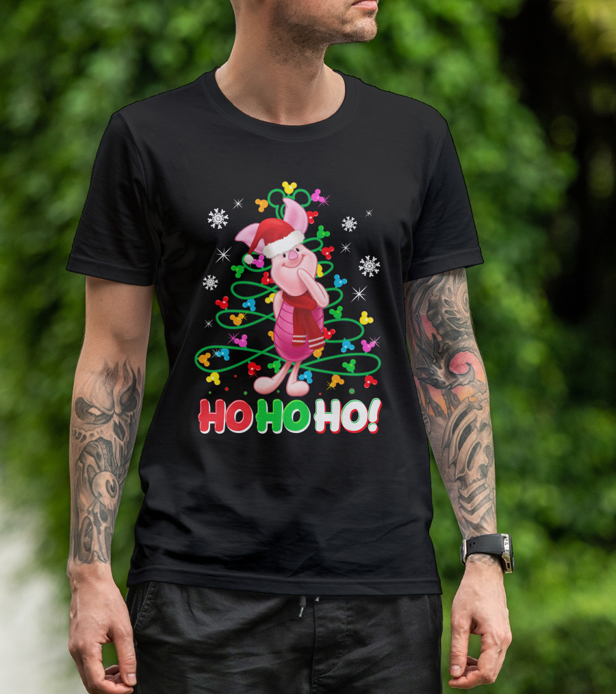 Piglet Christmas Ho Ho Ho Santa Hat Festive Holiday Snowflakes T-Shirt
