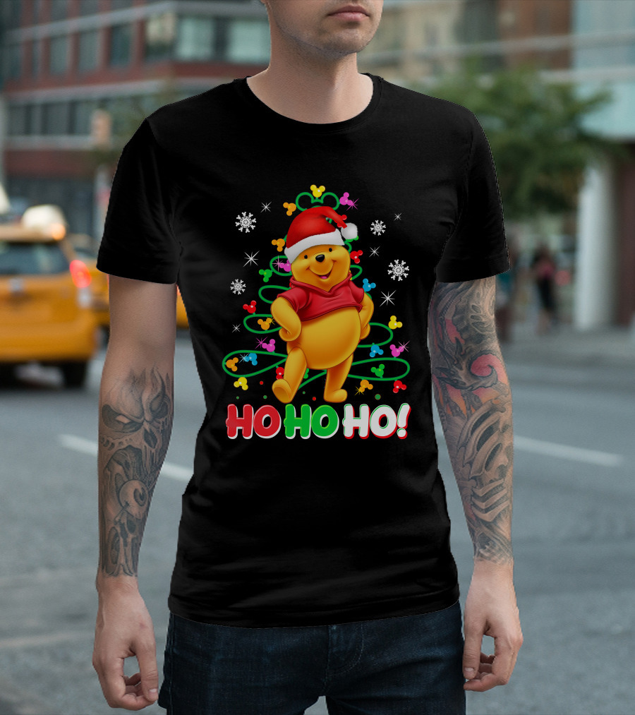 Winnie The Pooh Christmas Ho Ho Ho Santa Hat Snowflakes And Lights T-Shirt