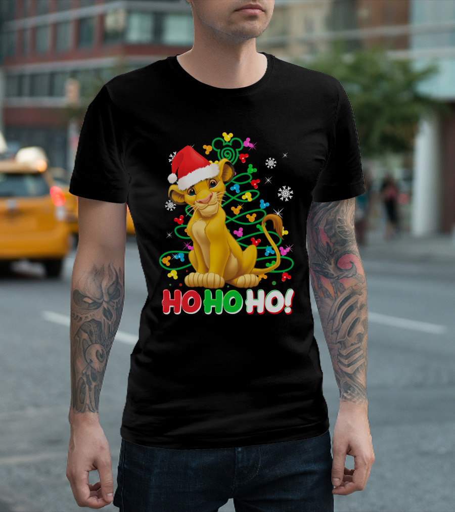 Simba Christmas Tree Ho Ho Ho Snowflakes Santa Hat T-Shirt