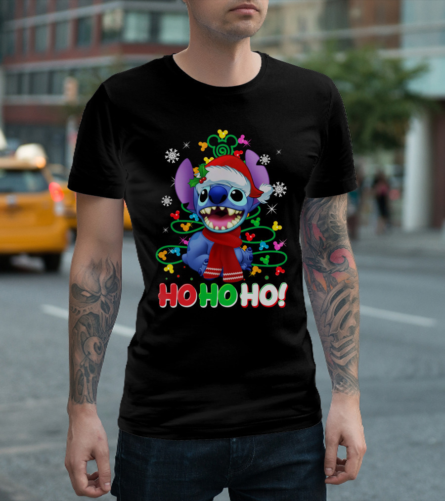 Stitch Christmas Ho Ho Ho Santa Hat Holiday Snowflakes Mickey Ears T-Shirt